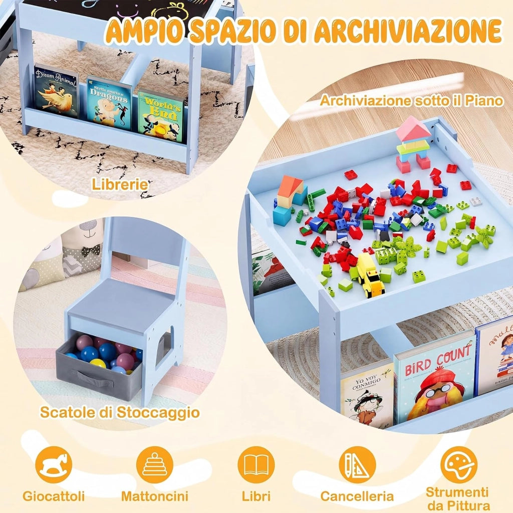 Set Tavolino Bambini con 2 Sedie per 3+ Anni, Tavolo e Sedie 4 in 1 con Lavagna Rimovibile, Librerie e Scatola in Tessuto, Mobile Salvaspazio per Scuola e Cameretta (Blu, Stile 3)