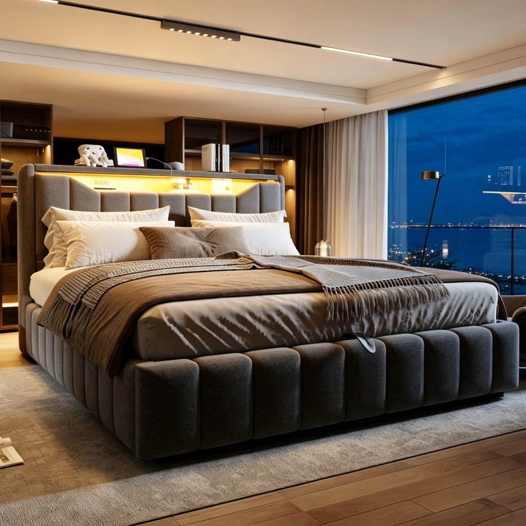 Letto contenitore matrimoniale 180 × 200 cm con sistema idraulico, LED, USB e USB-C, senza materasso, grigio