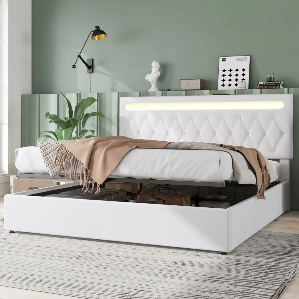 Letto imbottito 180x200 cm con sollevamento idraulico; LED APP; USB e USB-C; bianco