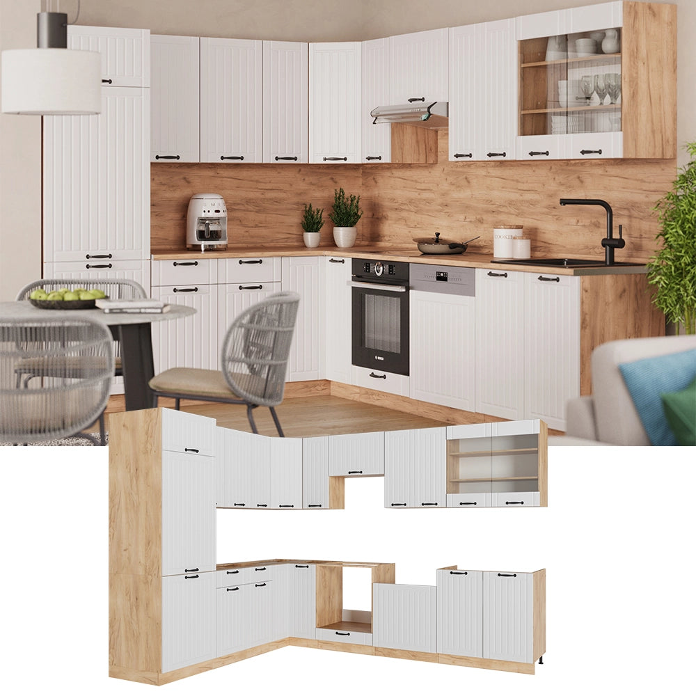 Cucina angolare completa Fame-Line Bianco rustico/Rovere dorato 227 x 60 cm, PL Marmo Vicco
