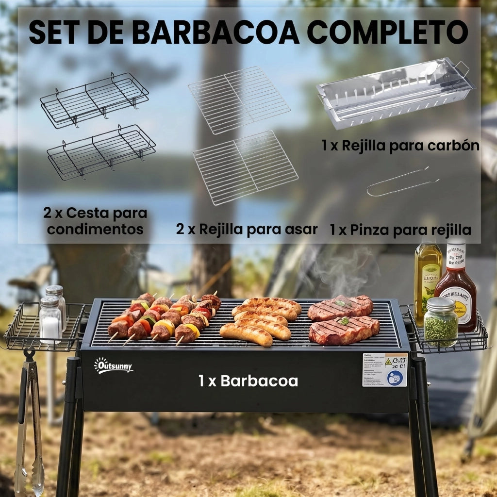 Barbecue a Carbone Portatile ¨C Xylo ¨C 2 Griglie Acciaio Inox, 2 Portaspezie, 94x39x70 cm, Nero
