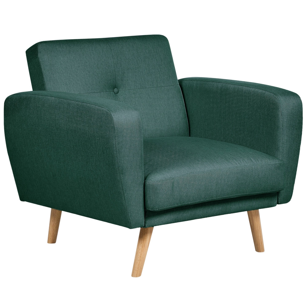 Poltrona imbottita in tessuto verde trasformabile schienale regolabile gambe in legno soggiorno moderno e minimalista