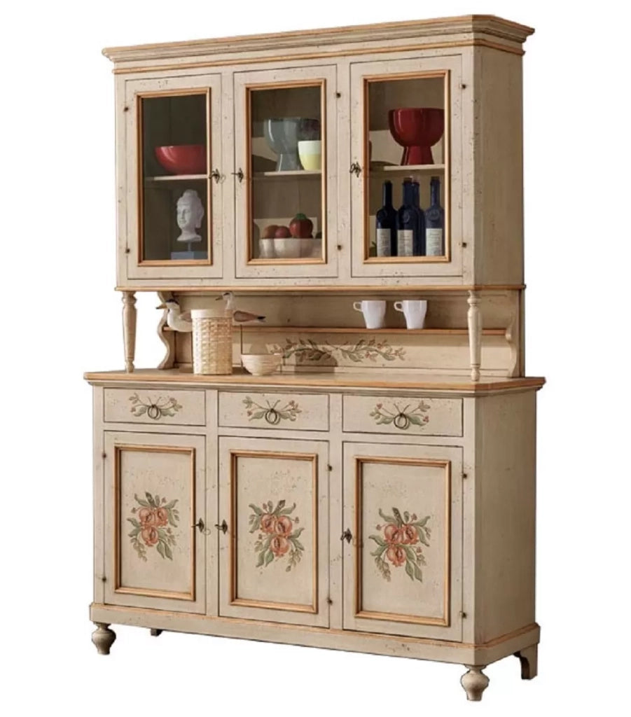 Cristalliera provenzale in legno shabby avorio ocra 3 porte 160x50x221 (1460+1461) - Mobili 2G