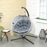 Cesto Sospeso a Forma di Uovo, Amaca con Funzione Altalena e Cestino Pieghevole, Sedia da Giardino, Portabicchieri, Grigio