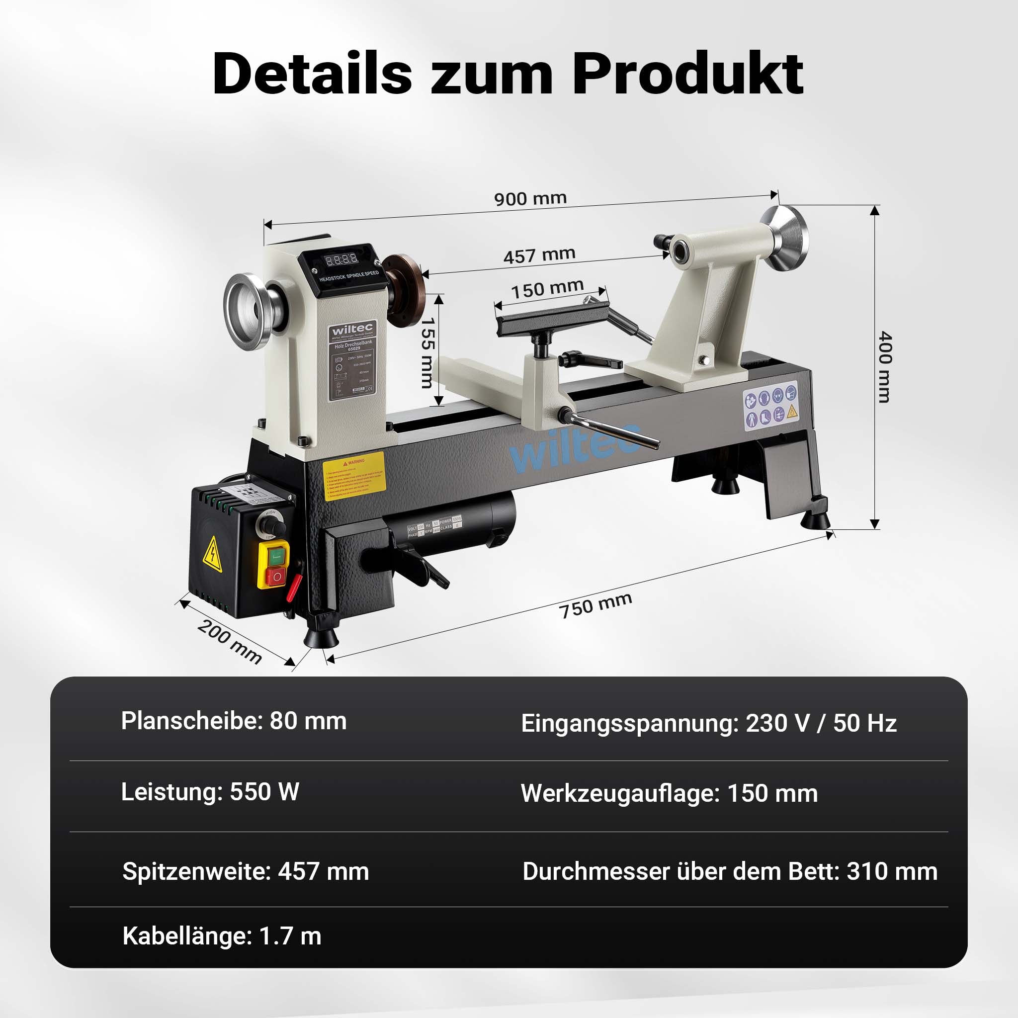 Tornio per legno, 3 variazioni di velocità 50-1450, 1250-2800 e 2800–3800 rpm, Macchina da banco per tornitura