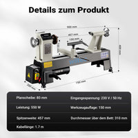 Tornio per legno, 3 variazioni di velocità 50-1450, 1250-2800 e 2800–3800 rpm, Macchina da banco per tornitura