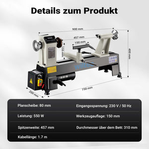 Tornio per legno, 3 variazioni di velocità 50-1450, 1250-2800 e 2800–3800 rpm, Macchina da banco per tornitura