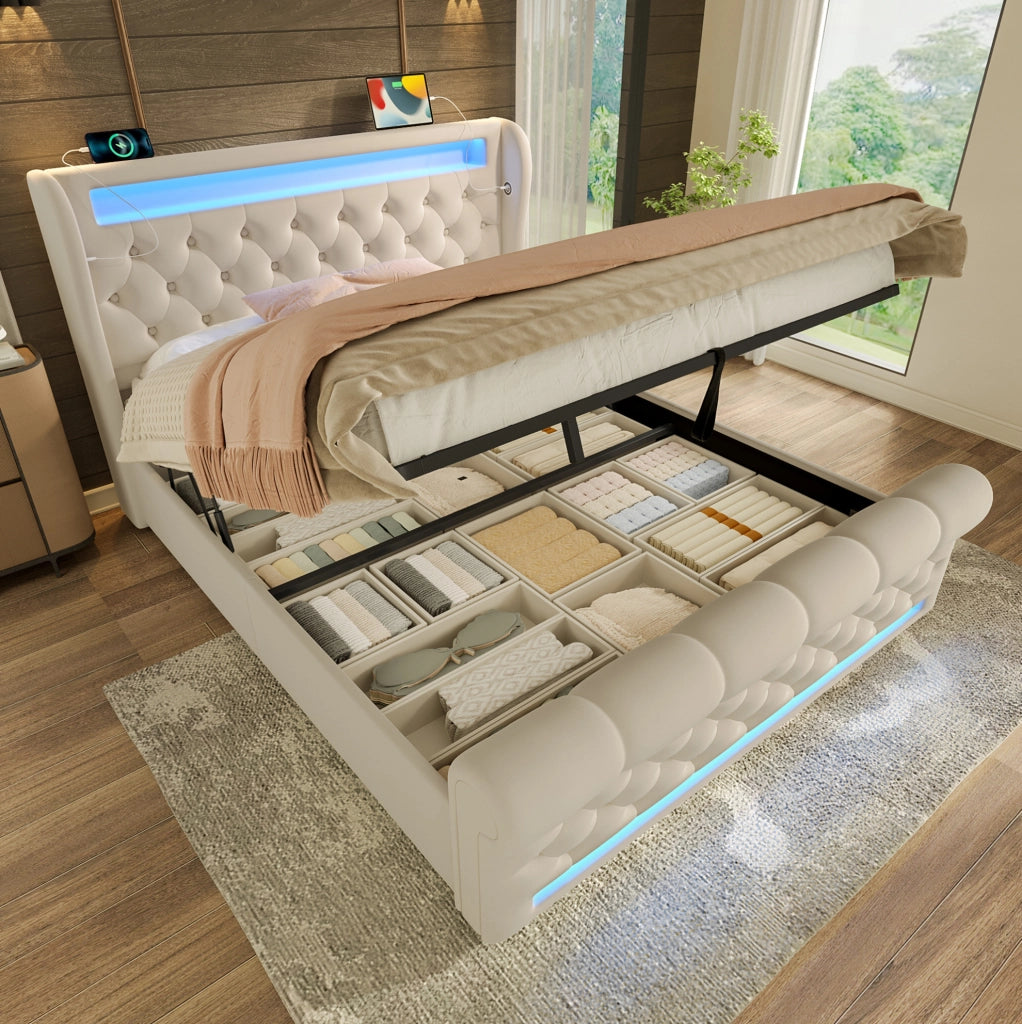 Letto matrimoniale 140x200 cm in velluto beige con LED; USB e Type C; contenitore idraulico; materasso incluso