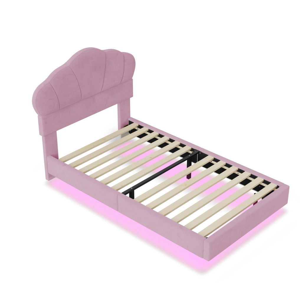 Letto imbottito 90 x 200 cm con LED; testiera a nuvola in velluto rosa