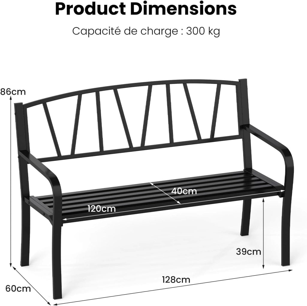 Panca da giardino a 2 posti, panca da parco in metallo, sedia da parco con schienale, carico di 300 kg, per balcone, terrazza, nero (modello 3, 128 x 60 x 86 cm)