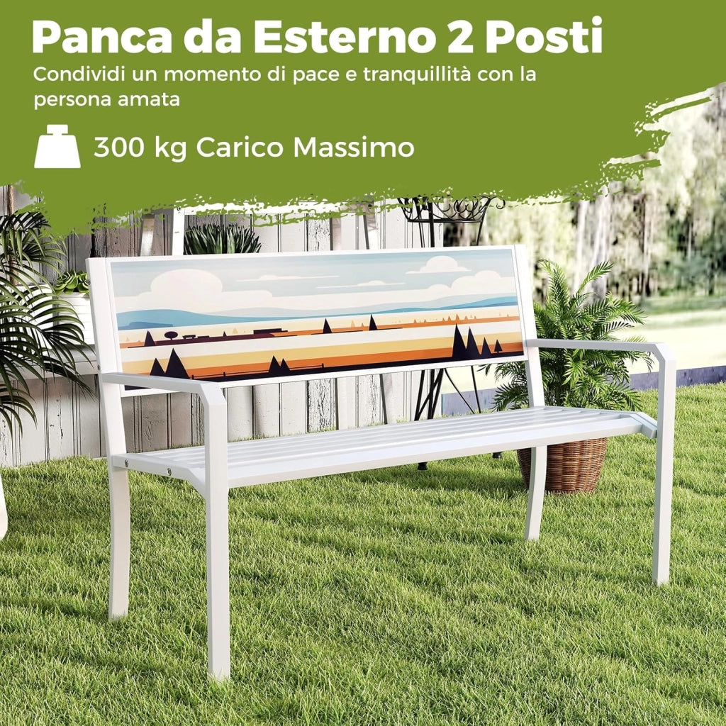 Panca da Giardino Decorativo Artistico in Metallo, Panchina da Esterno con Schienale Decorato, Panchina da Giardino 2-3 Posti per Terrazza (Bianco, 128 x 53 x 81,5 cm)