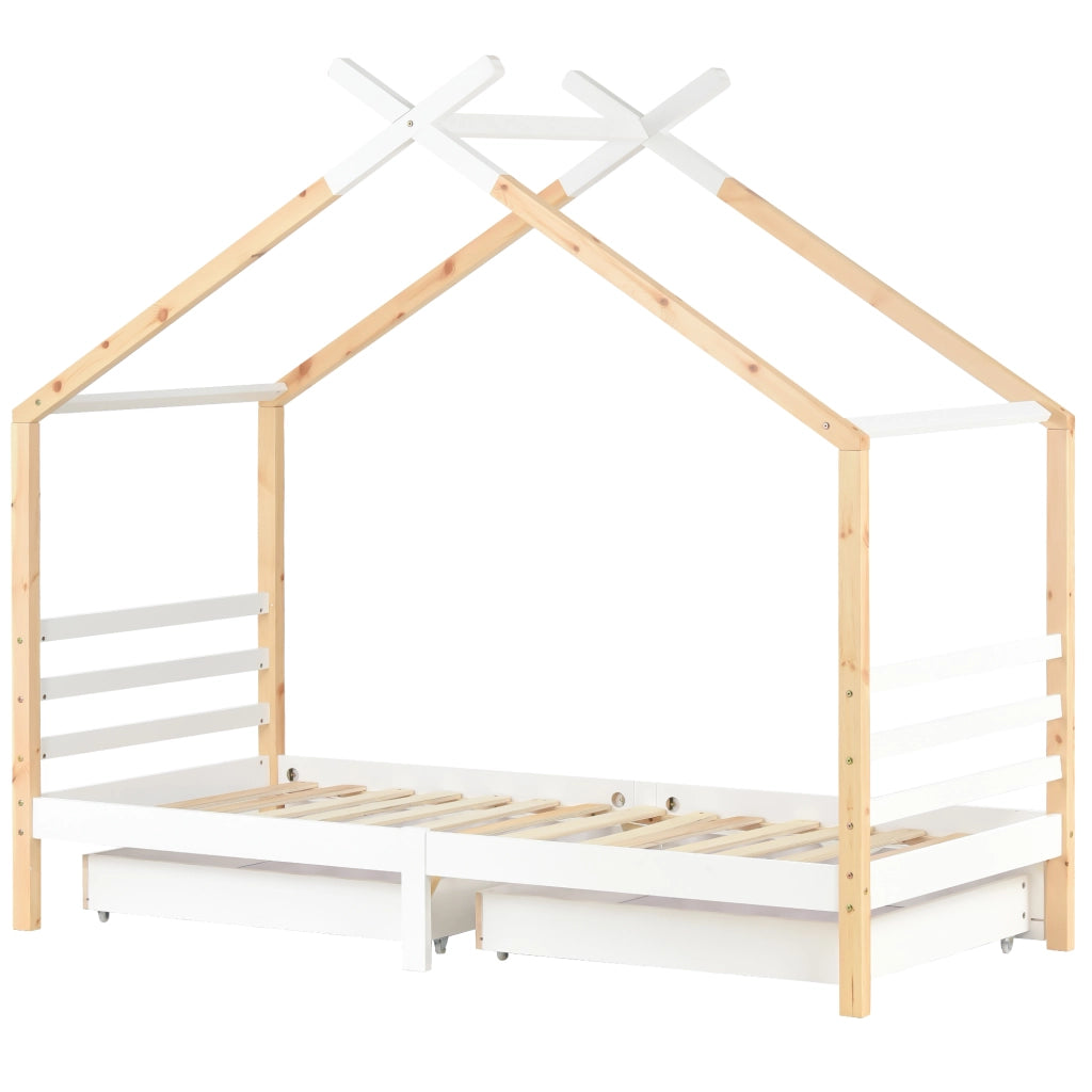 Letto a casetta per bambini con cassetti, in legno di pino e MDF, con rete a doghe, bianco, 90x200 cm