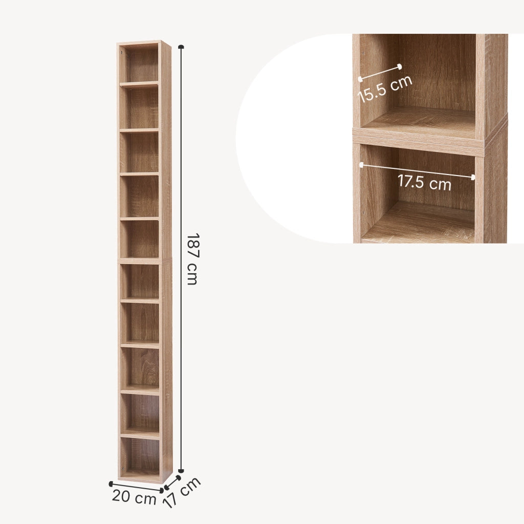 Scaffale a Colonna Tynset con 10 Scomparti per CD DVD 187x20x17 cm Effetto Rovere Sonoma [en.casa]
