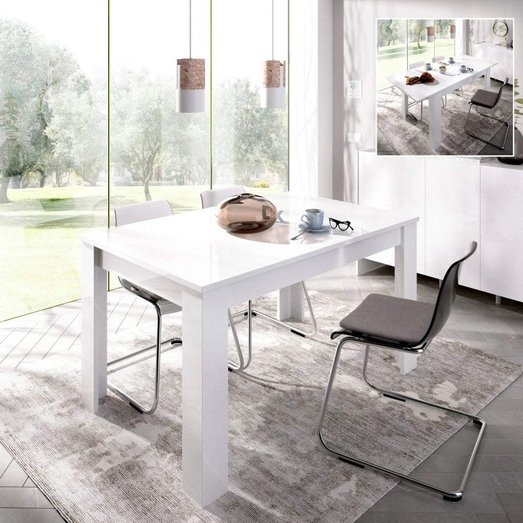 Tavolo allungabile Dalice, Tavolo per sala da pranzo allungabile, Tavolo da pranzo estensibile con allunga, cm 140/190x90h78, Bianco lucido