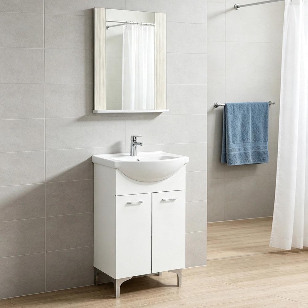 Set Completo Mobile da Bagno da Terra 55 cm Due Ante Bianco Specchio e Accessori