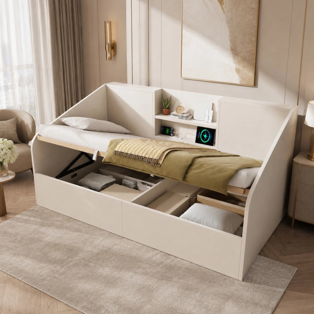 LETTO da giorno contenitore idraulico 90x190 cm in legno bianco con USB e Type-C