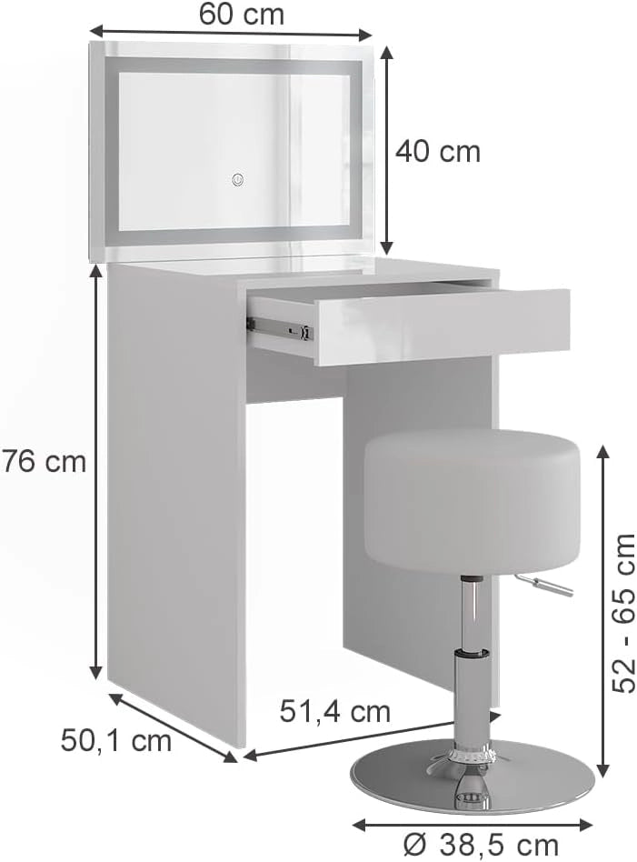 Tavolo da toeletta Sherry, Bianco/bianco lucido, 51.4 cm con specchio LED e sgabello