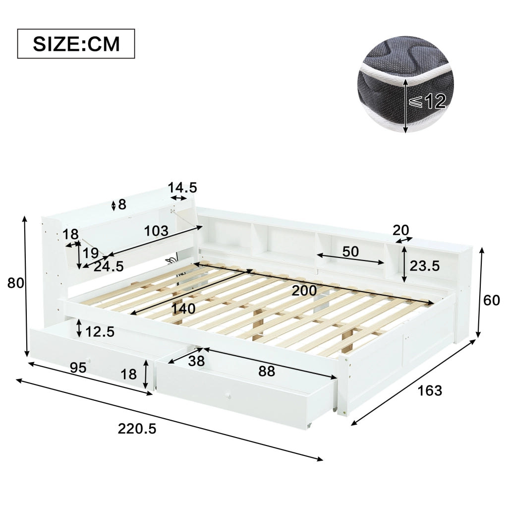 Letto matrimoniale 140x200 cm con luci, presa e contenitori