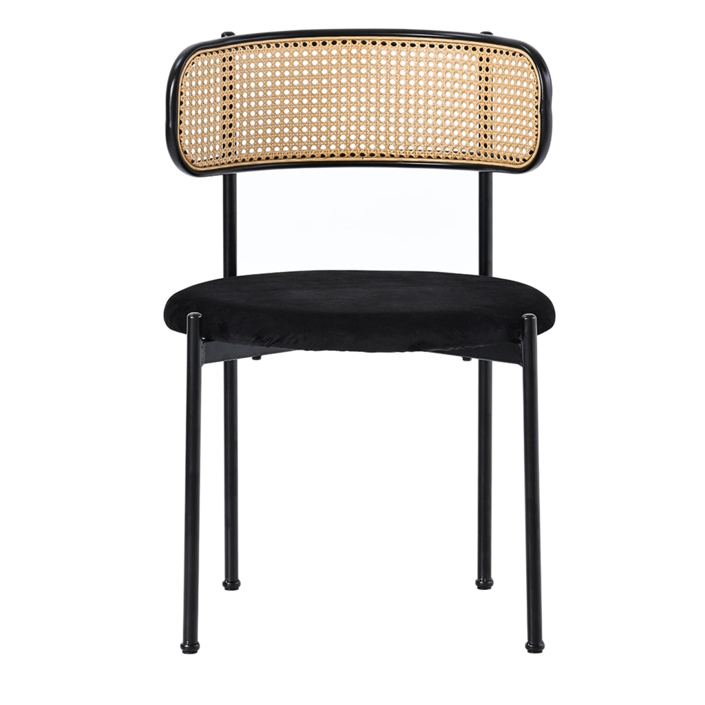 Set di 2 sedie da pranzo in velluto con schienale in rattan e gambe in metallo, colore nero