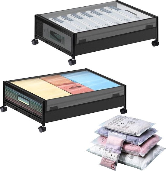 Set di 2 cassetti di archiviazione sotto il letto, cassetti di archiviazione con coperchi, cassettiera sotto il letto su ruote, con chiusura a zip, valigia, spazio di archiviazione per giocattoli, abbigliamento, scarpe, libri