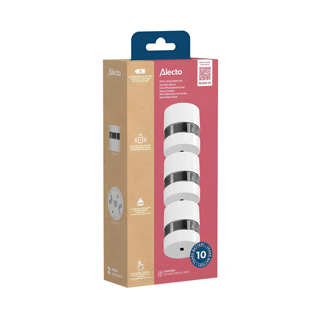 Set di 3 Mini-rilevatori di Fumo con 10 anni di Autonomia della Batteria Bianco Alecto