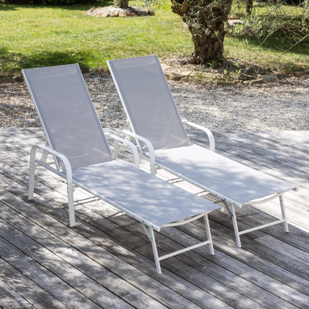 Set di 2 lettini SARDINIA in textilene grigio - struttura bianca
