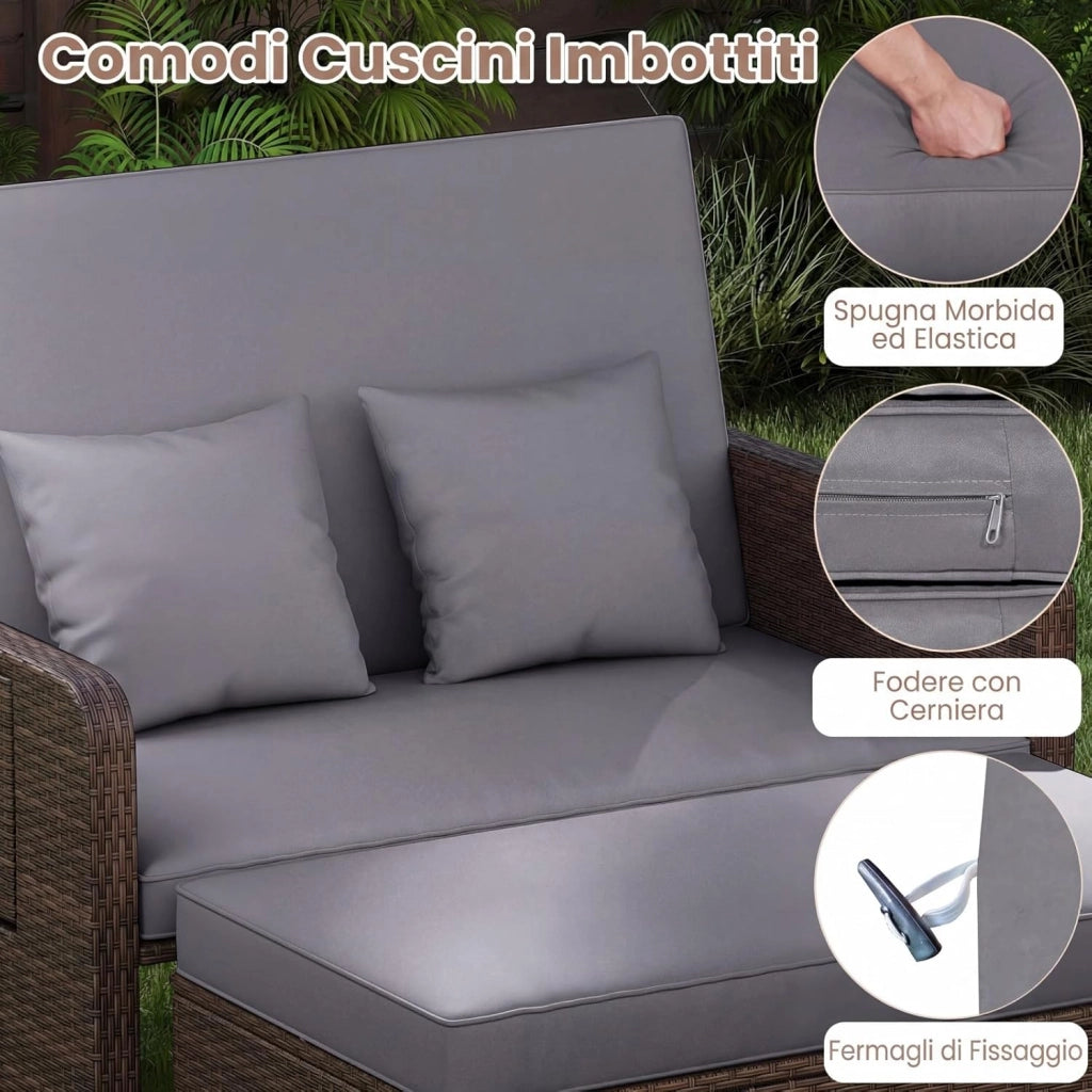 Lettino Prendisole in Rattan, Set 2 Pezzi con Divanetto & Pouf Contenitore, Schienale Regolabile a 4 Livelli e Tavolini Laterali Pieghevoli, Sdraio Doppia per Giardino e Piscina (Grigio)