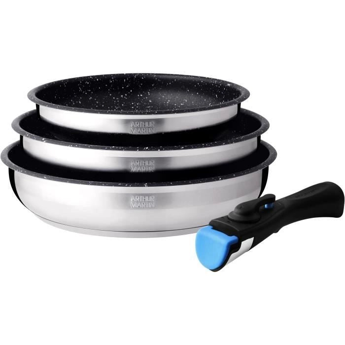 Set 3 padelle - Arthur Martin - AM2196 - 20-24-26 cm - Acciaio inox - Manico smontabile - Tutti i piani cottura, compresa l'induzione