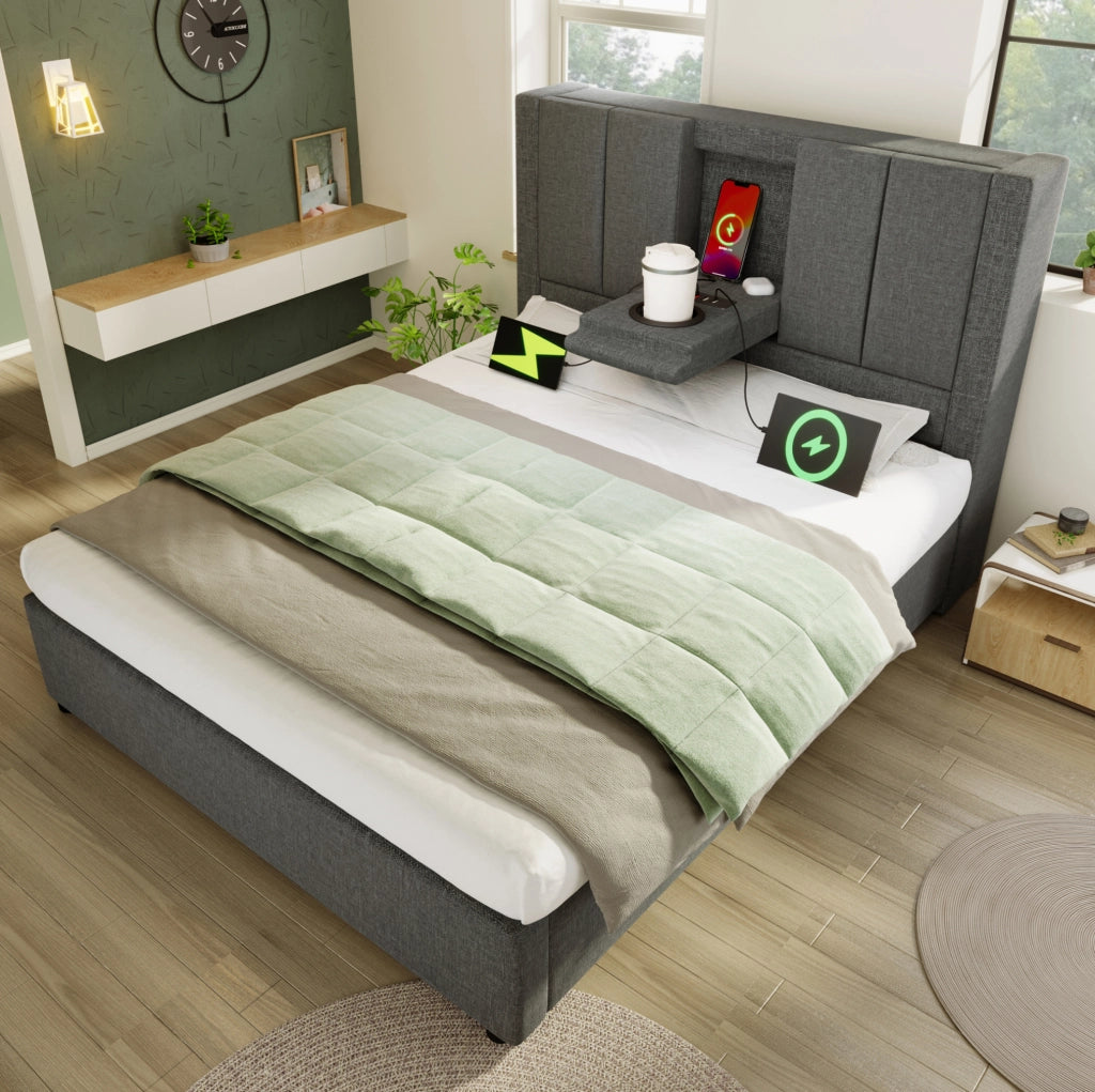 Letto imbottito grigio 90x200 cm con materasso, ricarica USB-C e vano contenitore