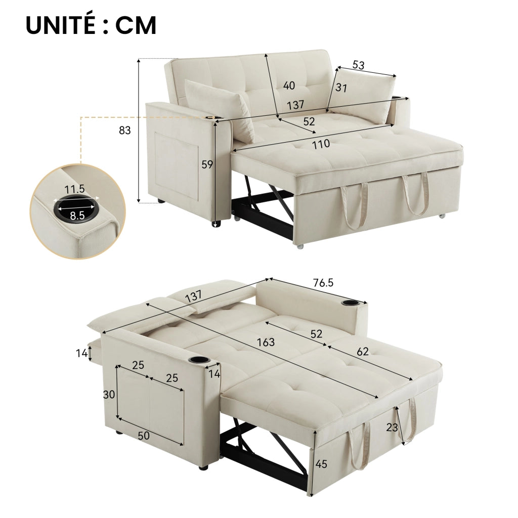 OKWISH Divano Letto 2 Posti, Schienale Regolabile a 3 Posizioni con Portabicchieri, Tasche Laterali e Cuscini, Velluto Beige