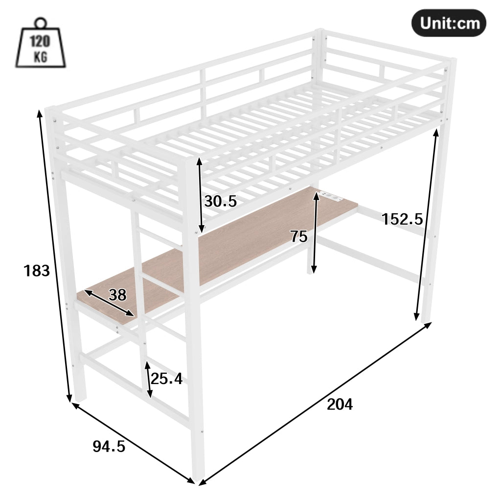 LETTO A CASTELLO 90x200 cm in metallo bianco con scrivania e scala