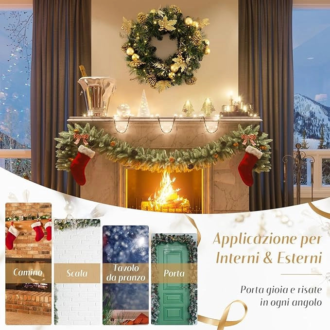 Ghirlanda Natalizia 60 CM con Luci LED Bianche Calde, Aghi di Pino, Pigne, Bacche, Ghirlanda di Natale a Batteria per Porta d'Ingresso, Finestra, Decorazione Natalizia Interna ed Esterna