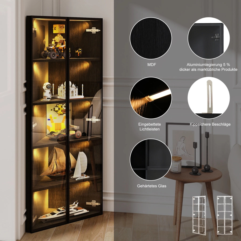 Vetrina ad Angolo con 2 Ante e LED; Stile Moderno; per Soggiorno; in MDF e Vetro Temperato; 62??35??160 cm; Nero
