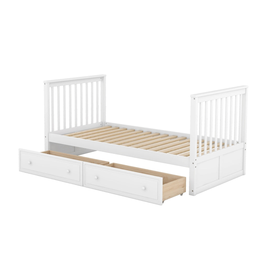 Letto a castello 90x200 cm convertibile in due letti; con 2 cassetti; pino; bianco