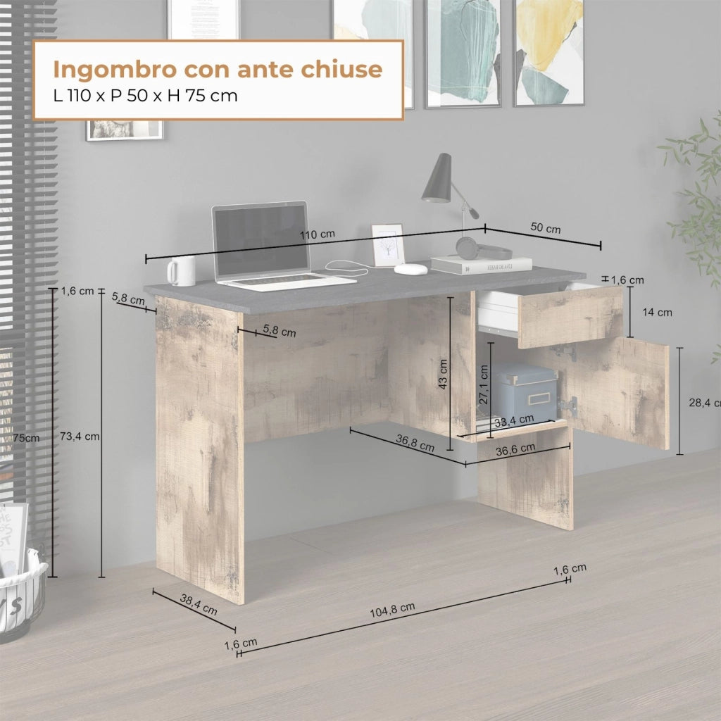 WHOUS Scrivania Easy 1 anta e 1 cassetto acero e report 110x50x75 cm
