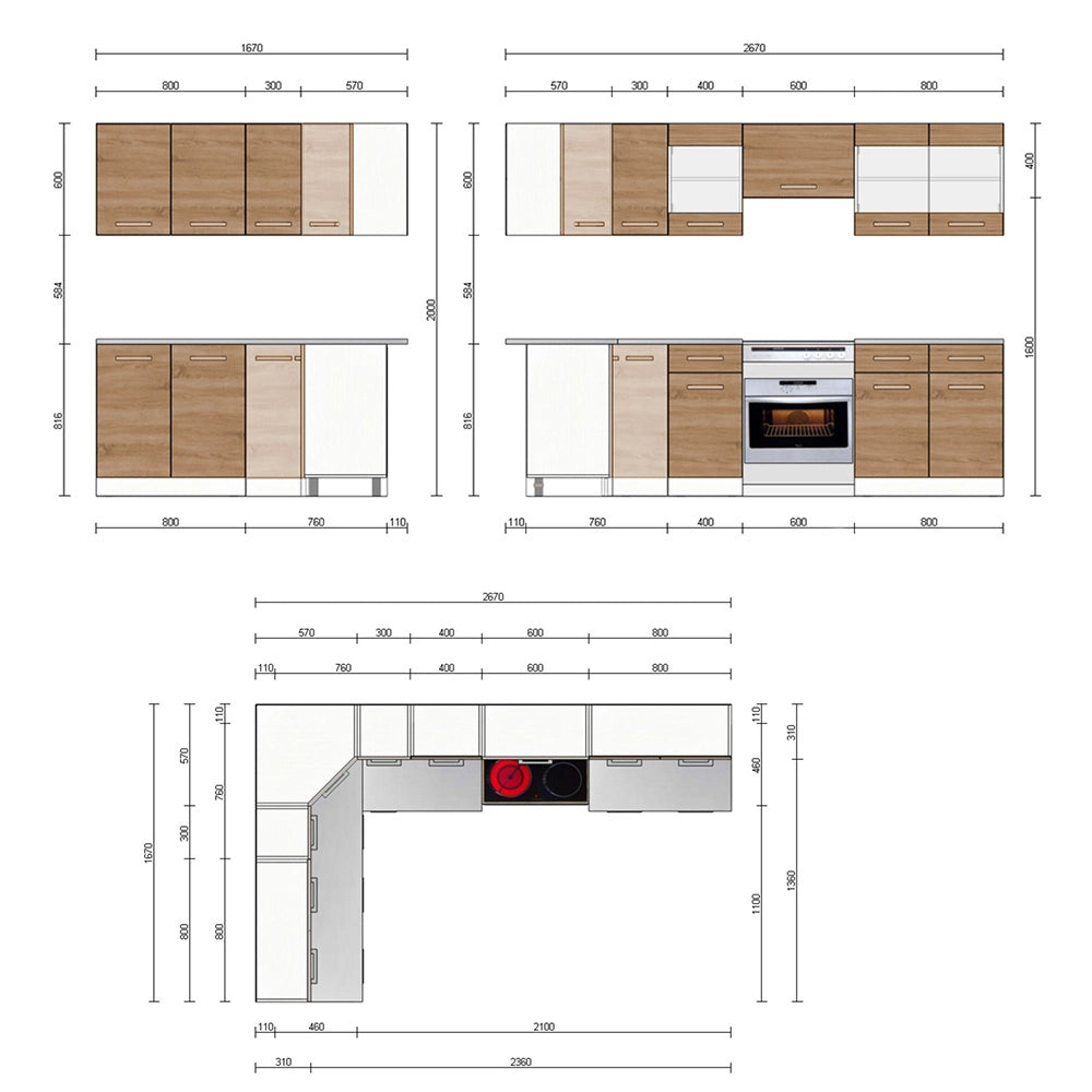 Vicco Cucina ad angolo Antracite/quercia dorata 267 x 167 cm , PL Fantasia nera con striscia LED