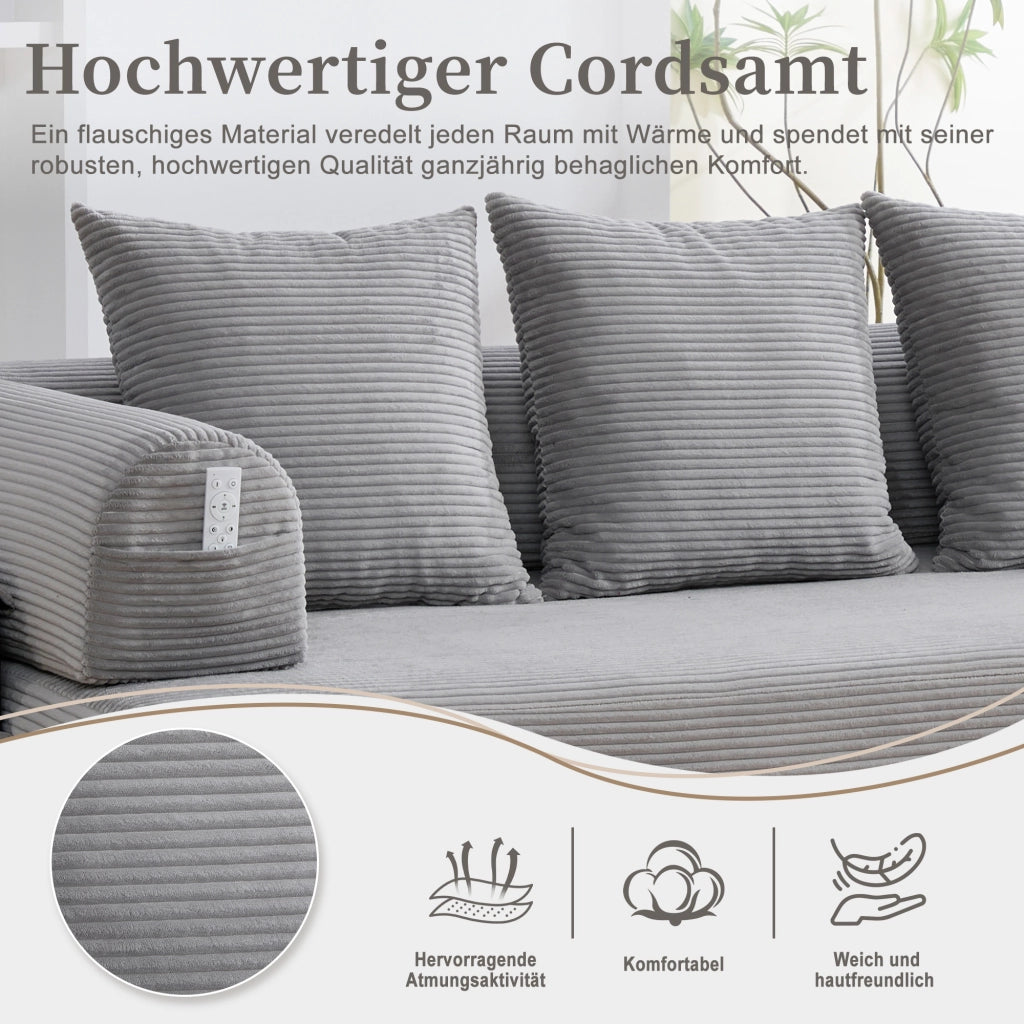 DIVANO modulare 200x94x67 cm in velluto a coste grigio chiaro