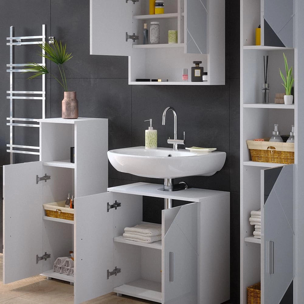 Set mobili bagno Irma, Bianco lucido con inserti, 80 cm, composto da mobile lavabo, pensile a specchio, colonna e base media