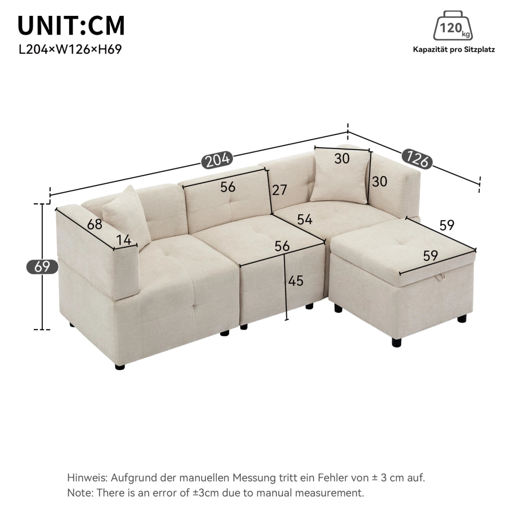 Divano angolare modulare 3 posti in tessuto di ciniglia beige con pouf contenitore e 2 cuscini