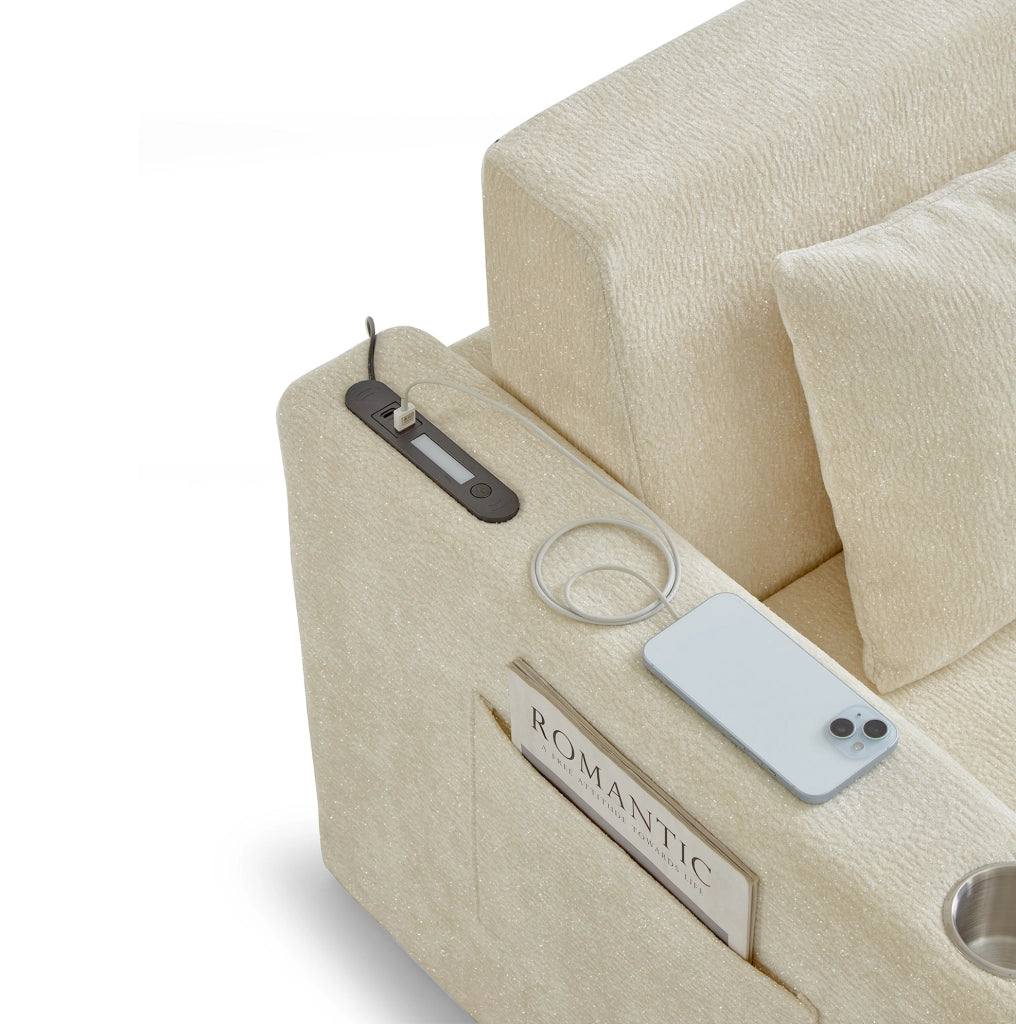 Divano letto 2 posti pieghevole con USB; portabicchieri e tasche laterali; beige