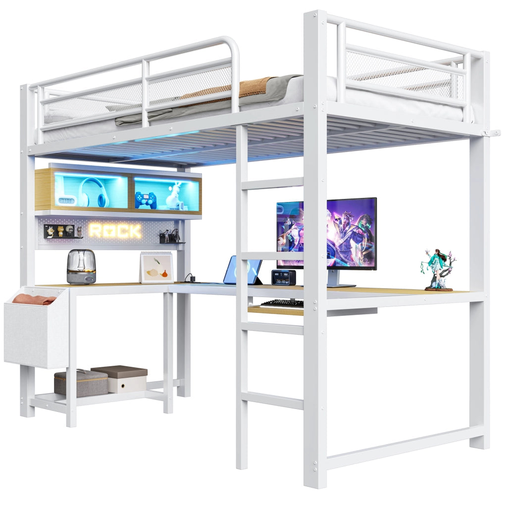 LETTO a soppalco con scrivania e LED 90x200 cm MDF e metallo Bianco