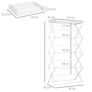 Stendibiancheria pieghevole a 8 livelli in metallo e ABS, bianco, 74x35x144 cm