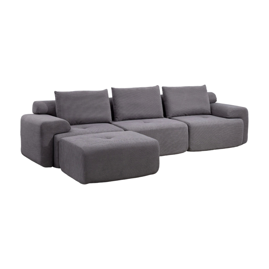 Divano angolare modulare con chaise longue e pouf mobile; design senza telaio in tessuto a coste - grigio scuro