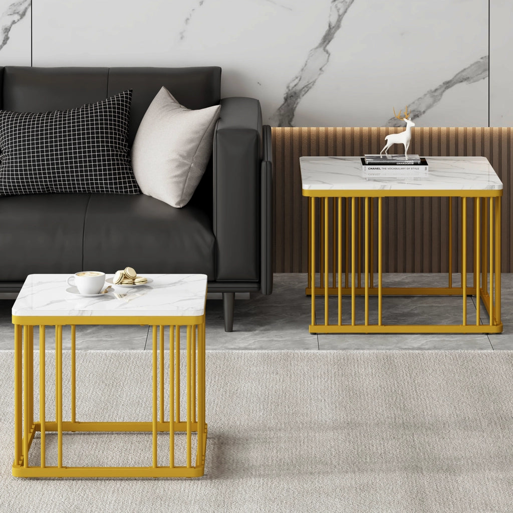 TAVOLINO DA CAFFÈ Quadrato Set 2 pezzi 60x60/45x45 cm Effetto Marmo Bianco Oro