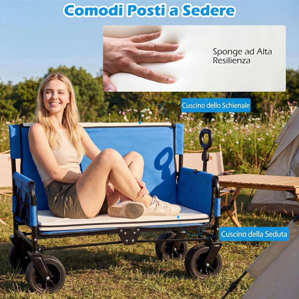 2 in 1 Carrello Pieghevole con Panca, Carrello Trasportabile con Maniglia Regolabile, Cuscini Morbidi e Ruote, Carrello da Giardino in 600D Oxford, 80 kg, 85 L, per Campeggio e Spiaggia (Blu)