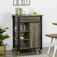 Carrello da Cucina Portavivande con Cassetto, Mensole, Armadietto e 4 Ruote, Legno Truciolare, 60x50x84.5cm, Quercia