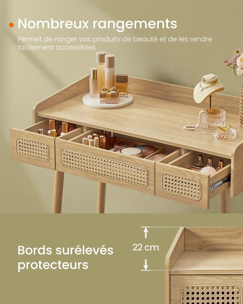 Toeletta con specchio e luce tavolo da trucco con 3 cassetti finto rattan luce regolabile con 3 tonalità di colore stile bohémien camera da letto beige 12_0006048