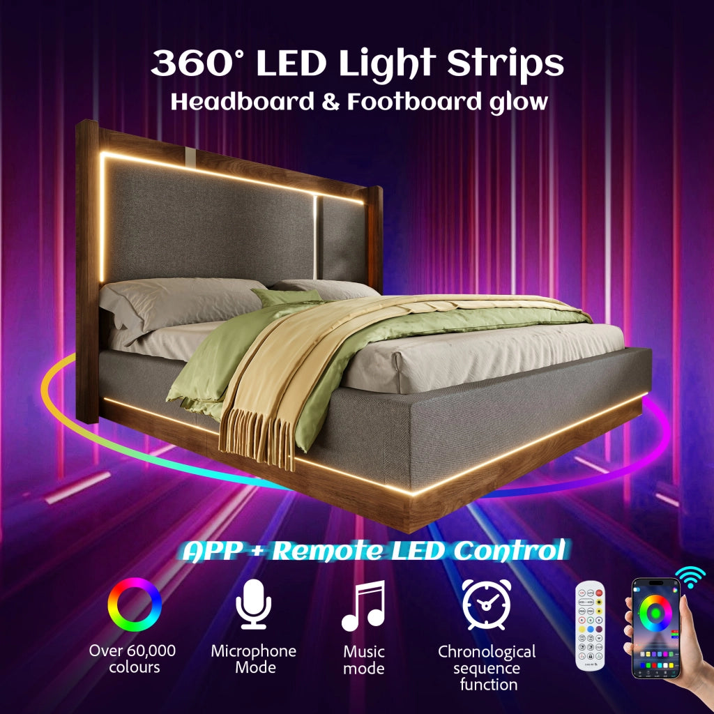 DESMIU Letto contenitore 140 × 190 cm 2 posti con LED, vano idraulico e contenitore, senza materasso, grigio