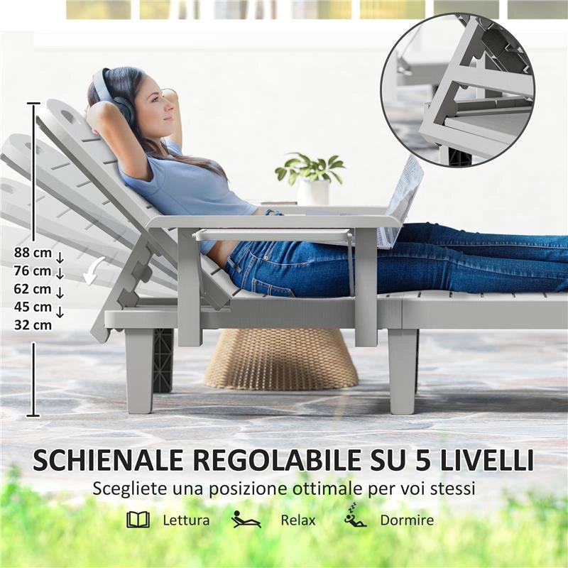 SET 2 SDRAIO DA GIARDINO REGOLABILI CON TAVOLINO E BRACCIOLI IN POLIETILENE 79X158X88 CM GRIGIO CHIARO