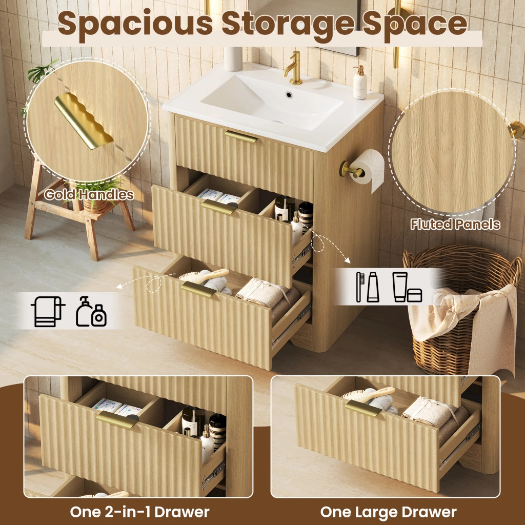 Mobile sottolavabo con lavabo in ceramica, 2 cassetti e portarotolo reversibile, per bagno, in MDF, naturale, 61 × 47 × 82 cm